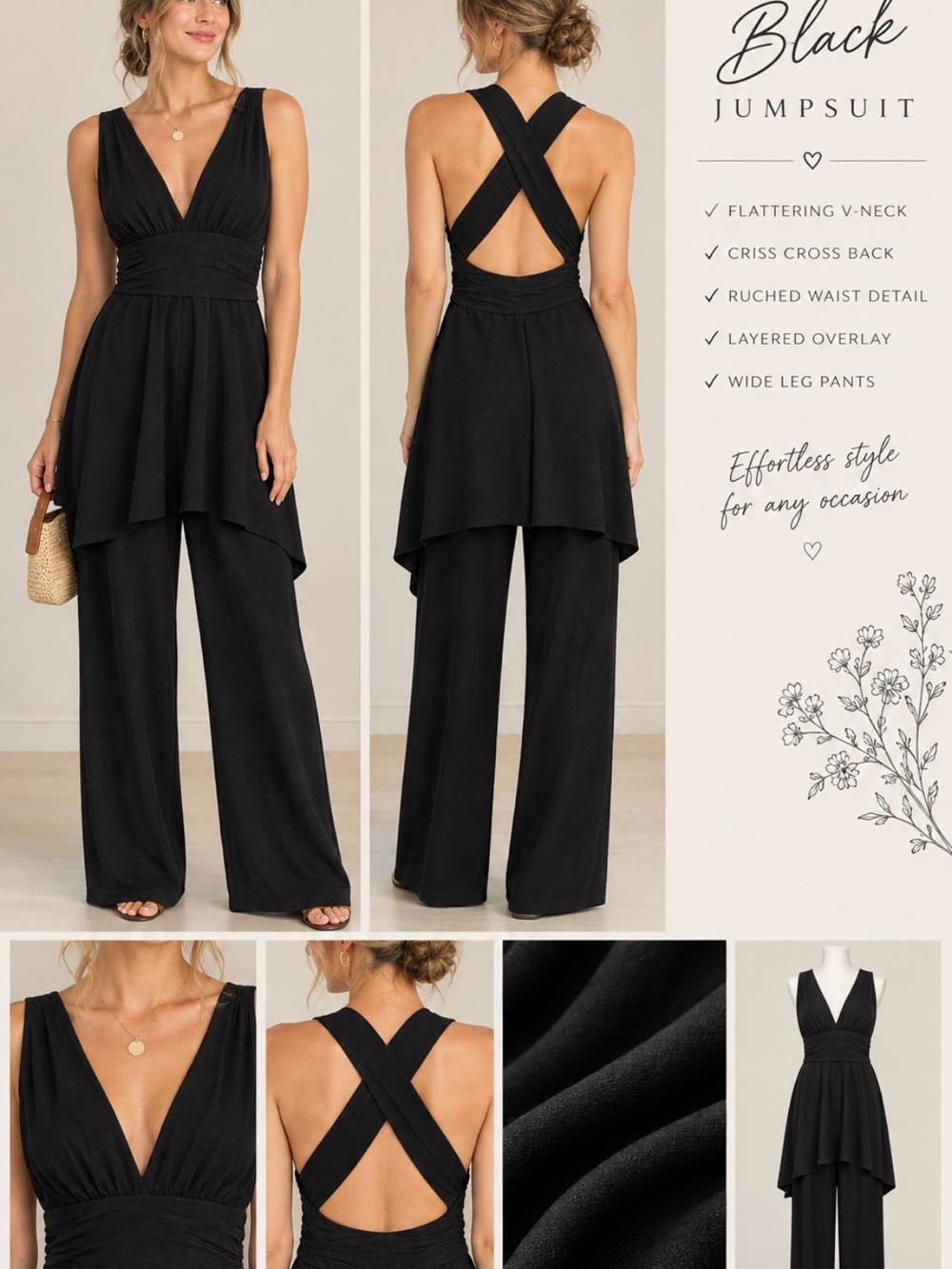 White House Black Market Black Cross-Back Layered Wide-Leg Jumpsuit